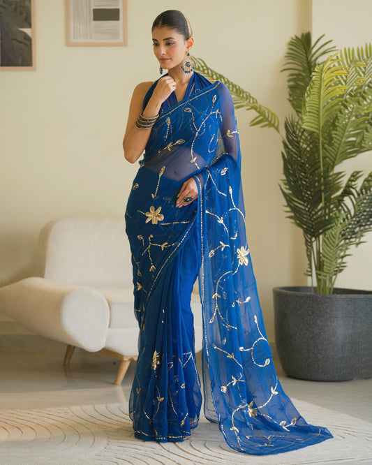 Pure Diamond Chiffon Hand Work Saree With Blouse.
