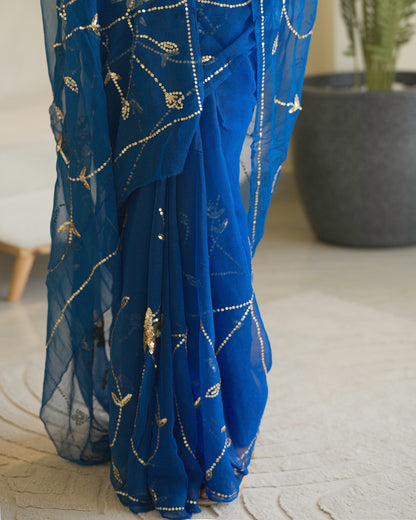 Pure Diamond Chiffon Hand Work Saree With Blouse.
