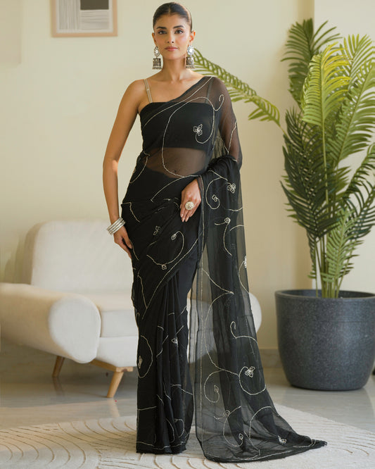 Black Color Pure Dimond Chiffon Saree With Blouse