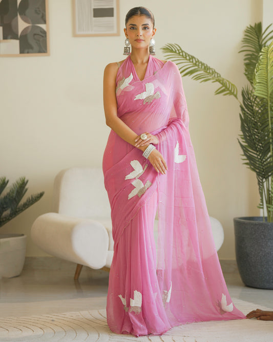 Beautiful Pure Diamond Chiffon Hand Work Saree