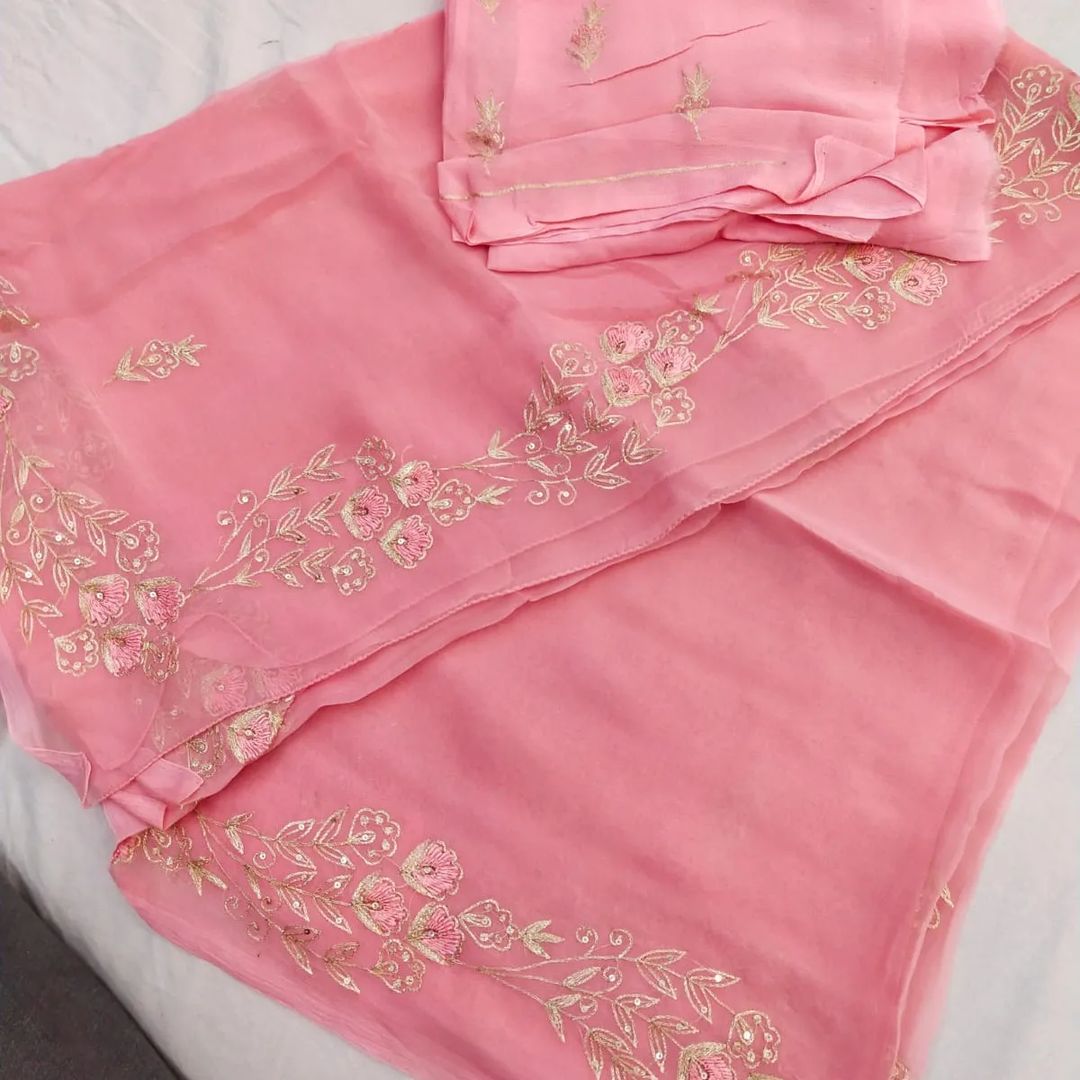 BEAUTIFUL HANDCRAFTED PEARL AND KATDANA EMBROIDERY WORK DAIMOND CHIFFON SAREE