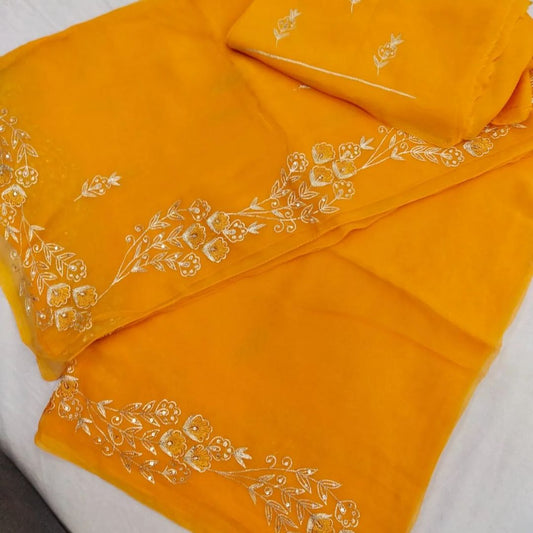 BEAUTIFUL HANDCRAFTED PEARL AND KATDANA EMBROIDERY WORK DAIMOND CHIFFON SAREE