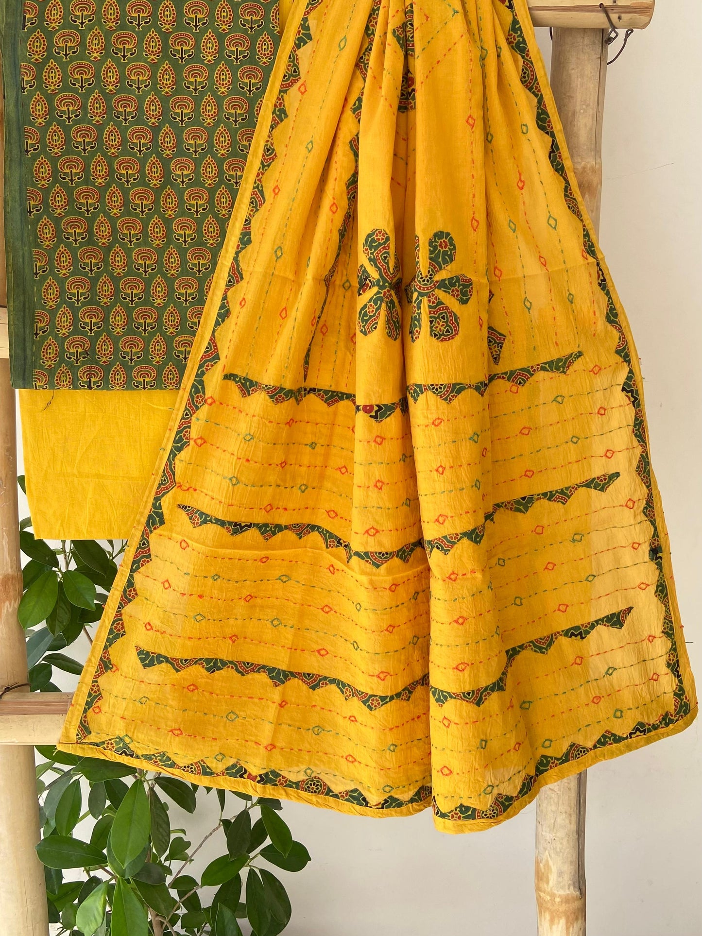 Pure Cotton Ajrakh Printed Unstitched Suits With applique work Dupatta