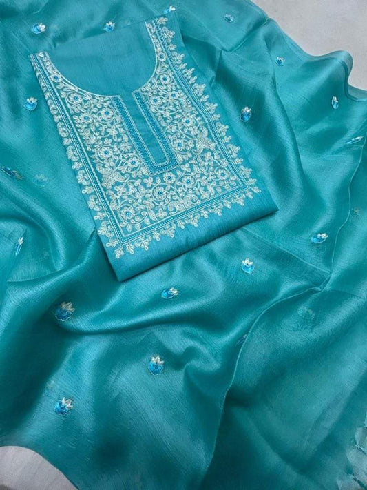 BHAGALPURI COTTON LINEN EMBROIDERY UNSTITCHED SUIT.