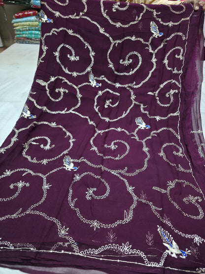 Pure Diamond Chiffon Beautiful Aari Tari Hand Work Saree.