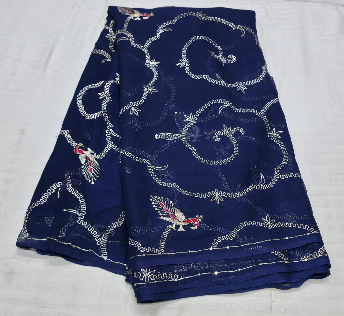 Pure Diamond Chiffon Beautiful Aari Tari Hand Work Saree.