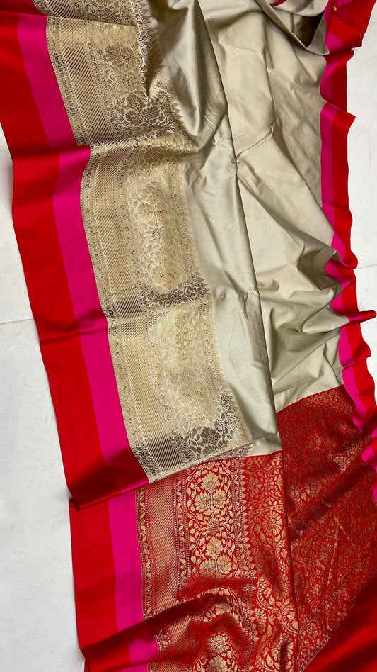 Banarasi Maheshwari Silk Saree With Zari Weaved Border.