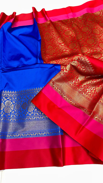 Banarasi Maheshwari Silk Saree With Zari Weaved Border.