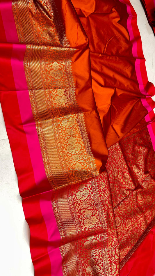 Banarasi Maheshwari Silk Saree With Zari Weaved Border.