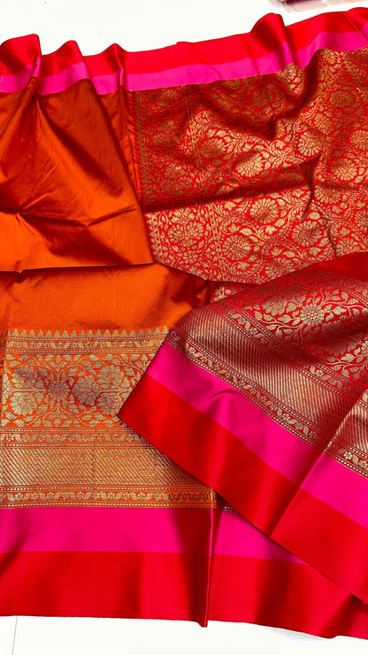 Banarasi Maheshwari Silk Saree With Zari Weaved Border.