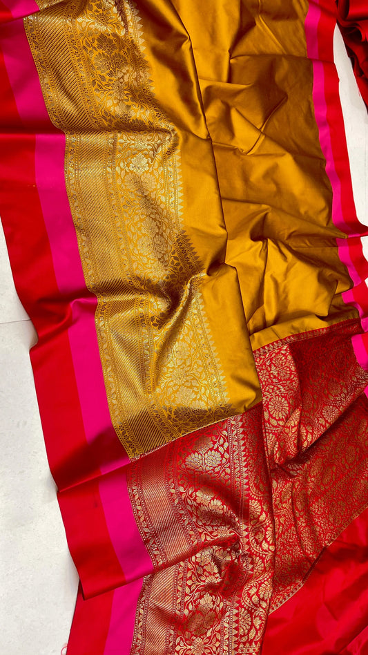 Banarasi Maheshwari Silk Saree With Zari Weaved Border.