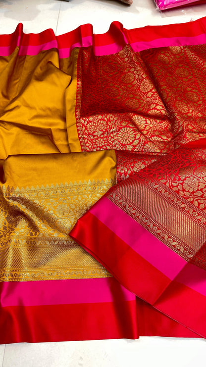 Banarasi Maheshwari Silk Saree With Zari Weaved Border.
