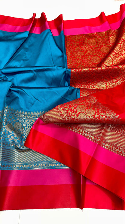 Banarasi Maheshwari Silk Saree With Zari Weaved Border.