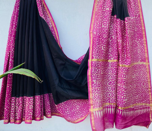 Pure Chanderi Silk Hand-block Printed Saree.