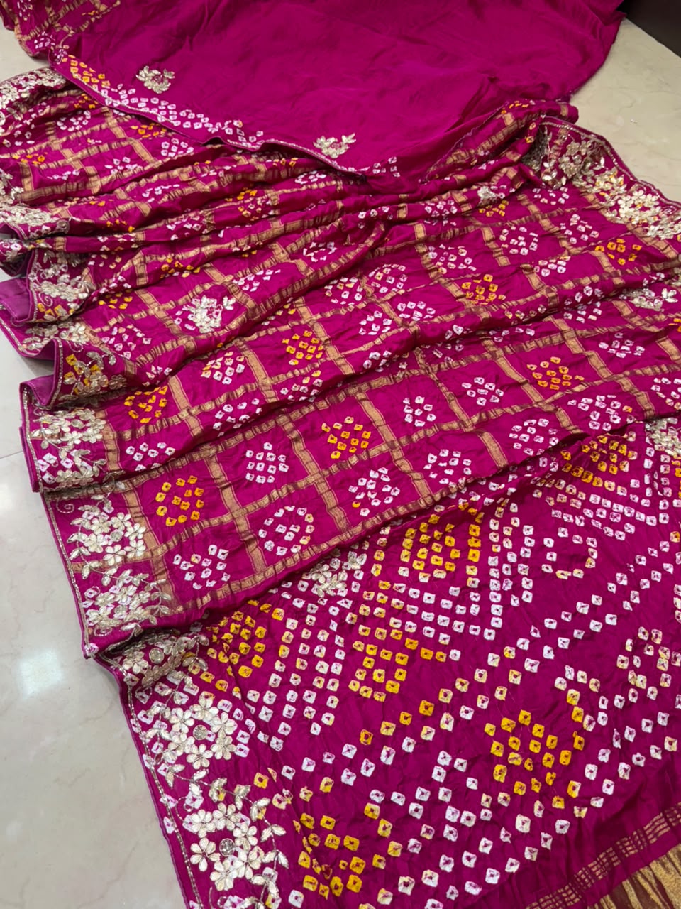 Pure Modal Gajji Silk Bandhej Hand work Gota Patti Work Saree.