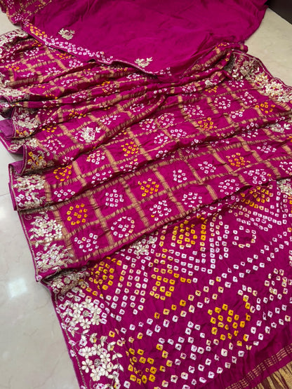 Pure Modal Gajji Silk Bandhej Hand work Gota Patti Work Saree.