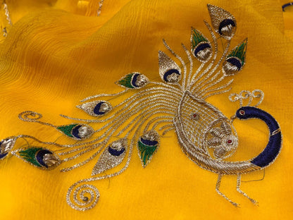 YELLOW COLOUR PURE CHIFFON SAREE EMBELLISHED WITH ZARDOZI WORK