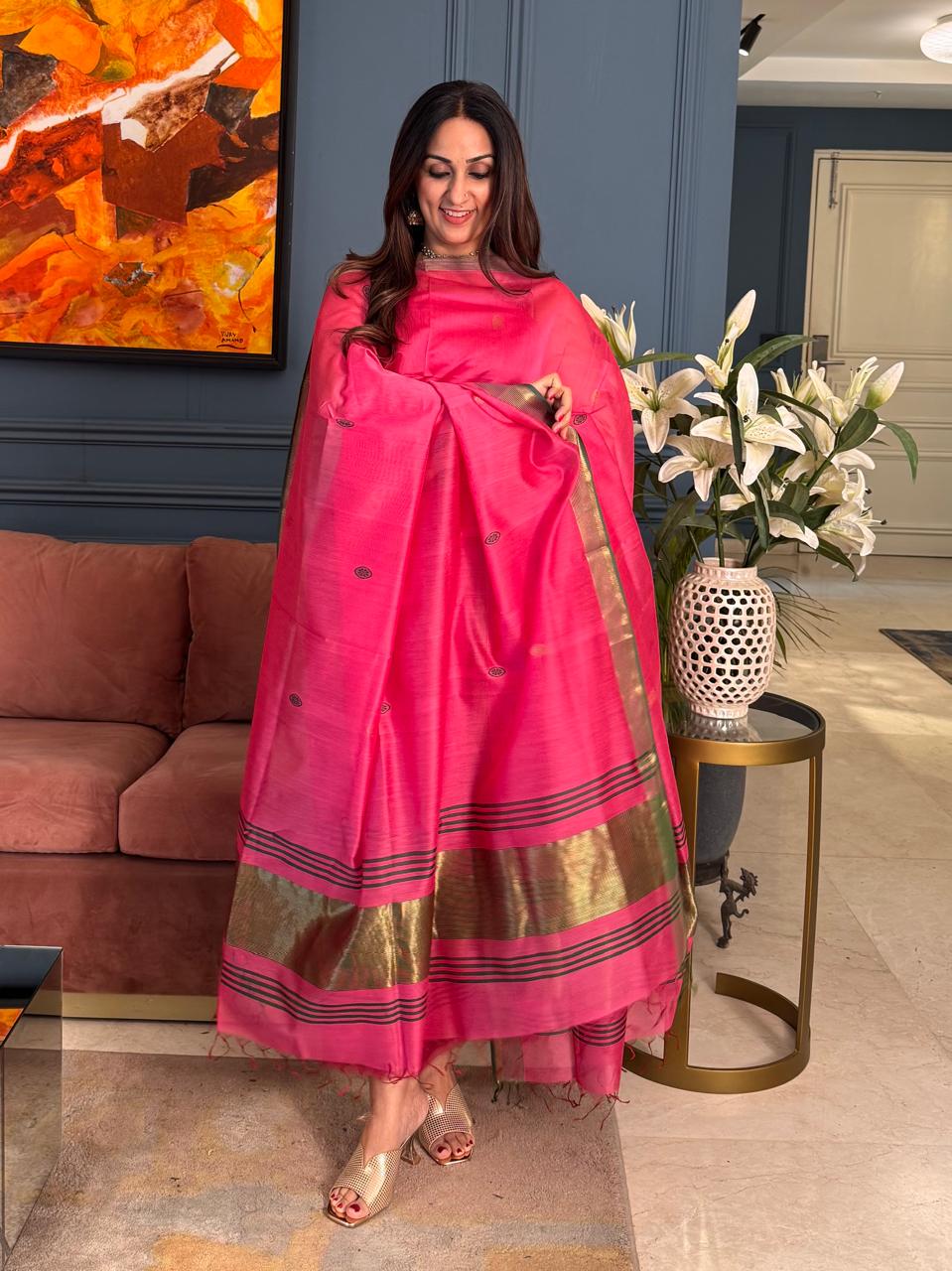 Pure Maheswari Silk Cotton Handwoven Unstitch Suit.