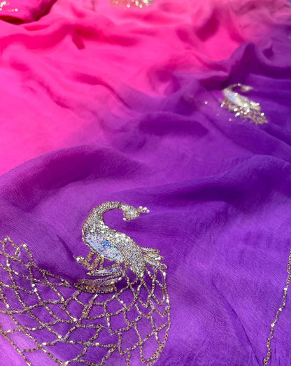 Pure Diamond Chiffon Hand Work Saree.