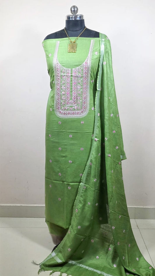 BHAGALPURI COTTON LINEN EMBROIDERY UNSTITCHED SUIT.