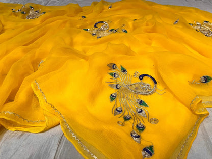 YELLOW COLOUR PURE CHIFFON SAREE EMBELLISHED WITH ZARDOZI WORK