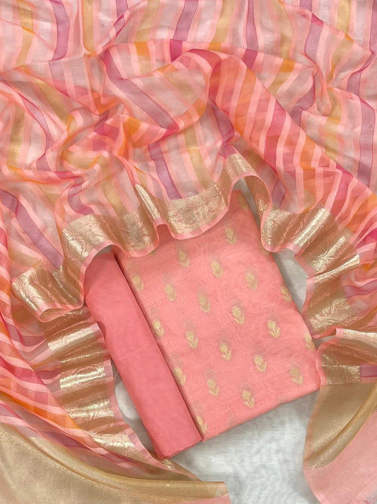 Banarasi Chanderi Zari Booti Work Unstitched Suit With Organza Stripe Dupatta.