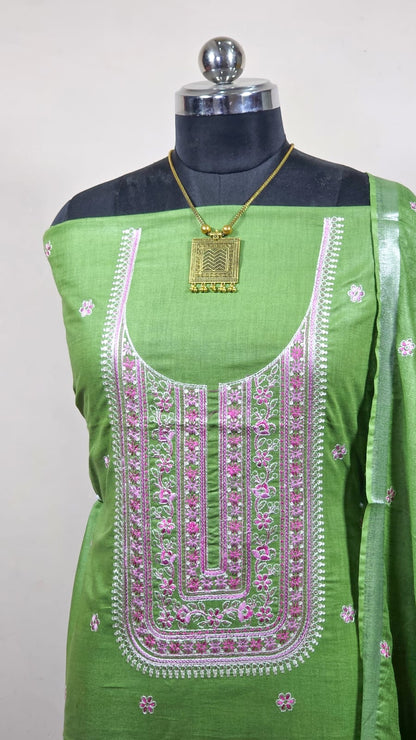 BHAGALPURI COTTON LINEN EMBROIDERY UNSTITCHED SUIT.