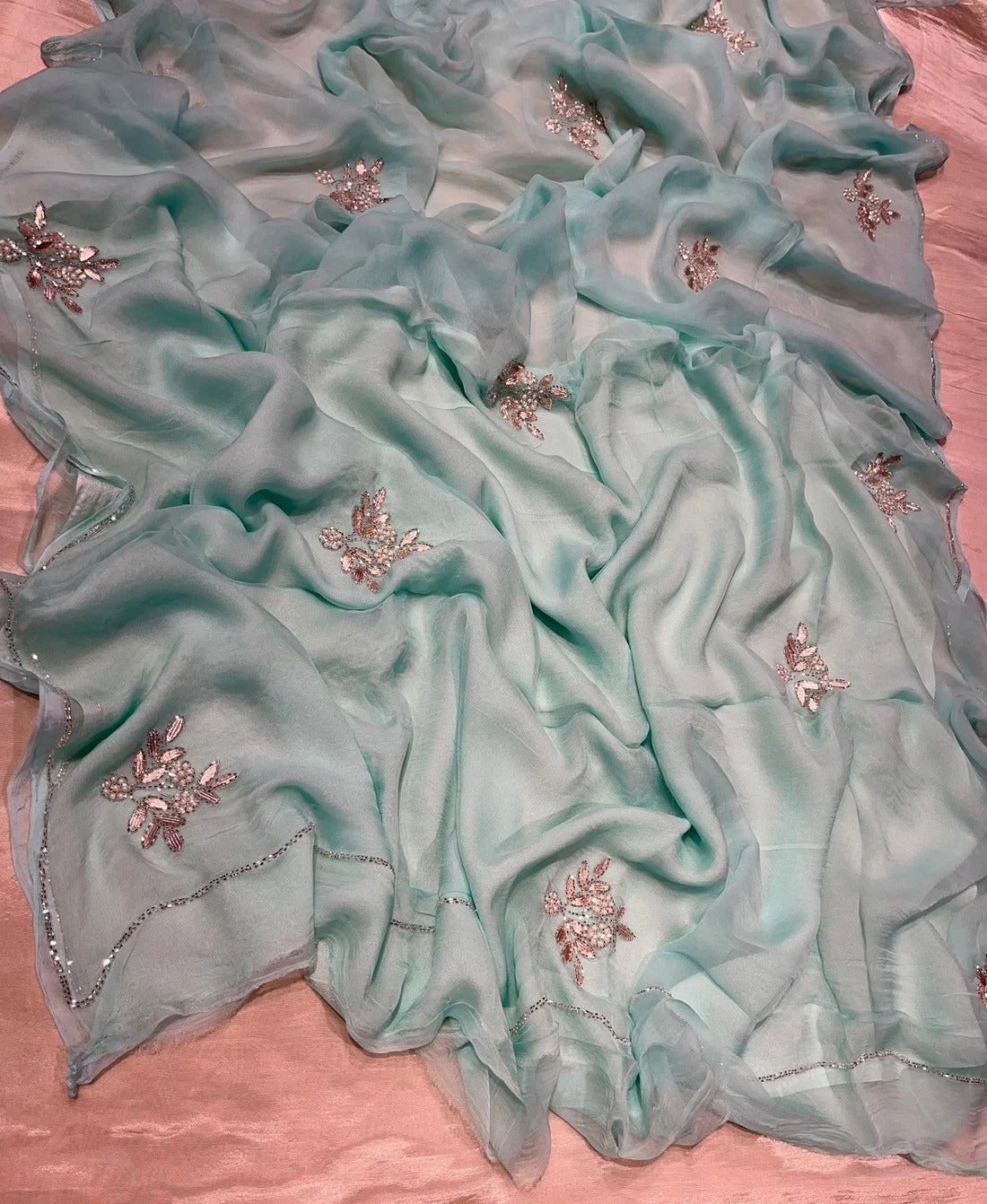 AQUA COLOUR CHIFFON SAREE EMBELLISHED WITH PEARL & GOTA PATTI WORK