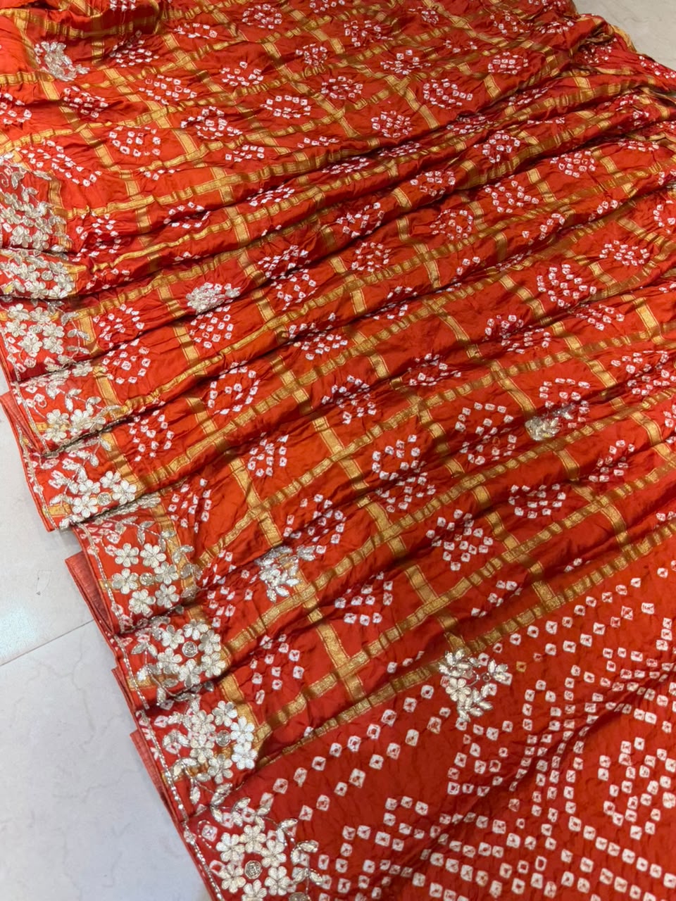 Pure Modal Gajji Silk Bandhej Hand work Gota Patti Work Saree.