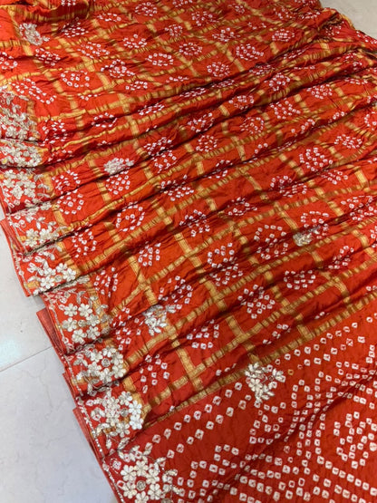 Pure Modal Gajji Silk Bandhej Hand work Gota Patti Work Saree.