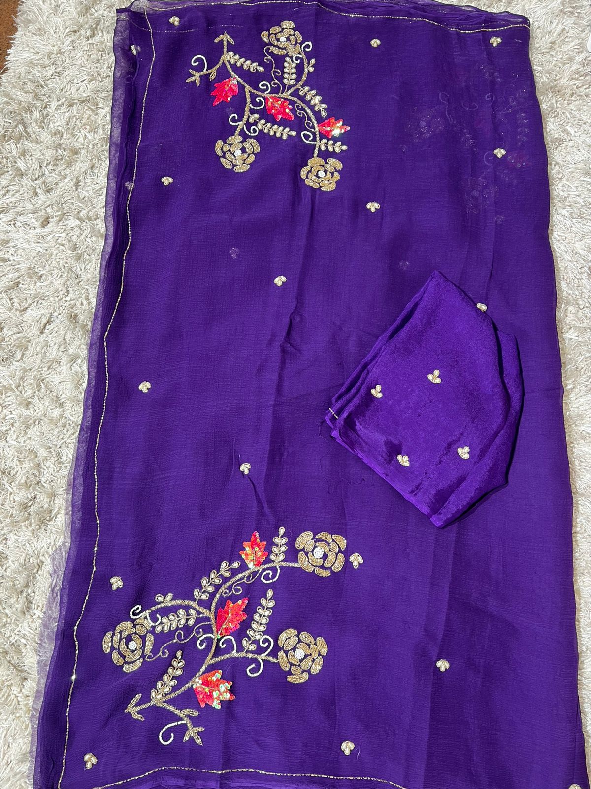 BEAUTIFUL HANDCRAFTED ZARI AND GOTA EMBROIDERY WORK DIAMOND CHIFFON SAREE (Copy)