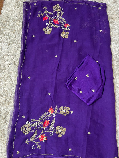 BEAUTIFUL HANDCRAFTED ZARI AND GOTA EMBROIDERY WORK DIAMOND CHIFFON SAREE (Copy)