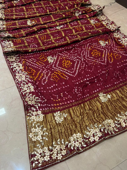 Pure Modal Gajji Silk Bandhej Hand work Gota Patti Work Saree.