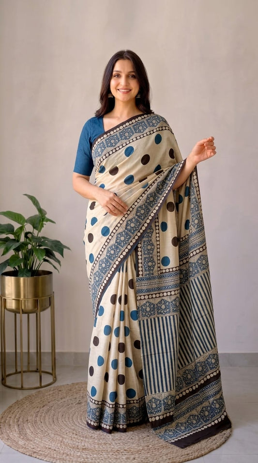 Pure Cotton Hand Block Printed Saree With Blouse.