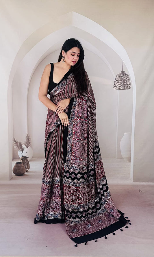 Pure Modal Silk Ajrakh Hand-block Printed Saree.