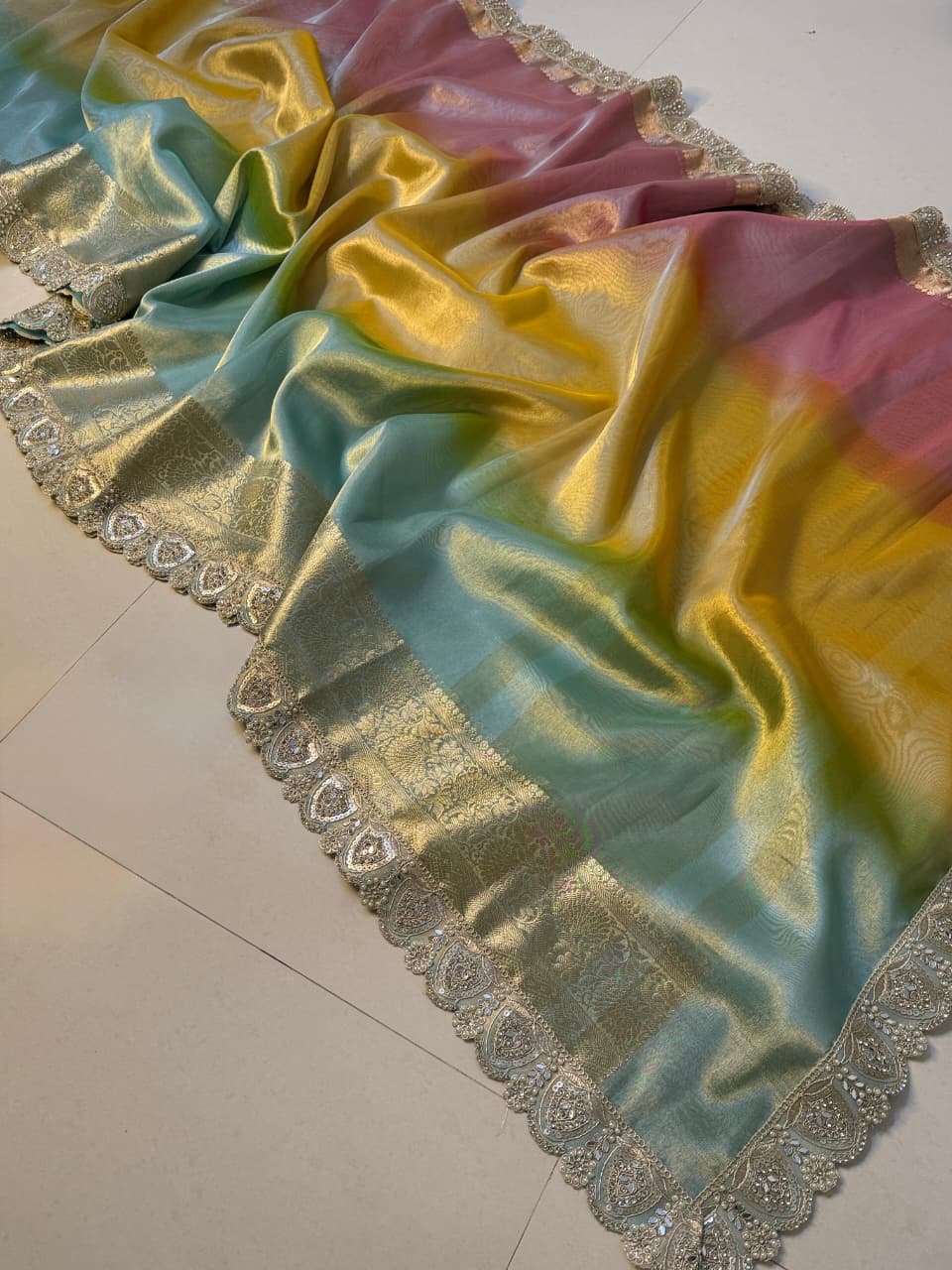 Multi Shade Glass Tissue Saree with Soft Mirror Lace Border