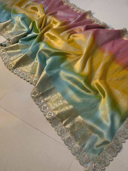 Multi Shade Glass Tissue Saree with Soft Mirror Lace Border