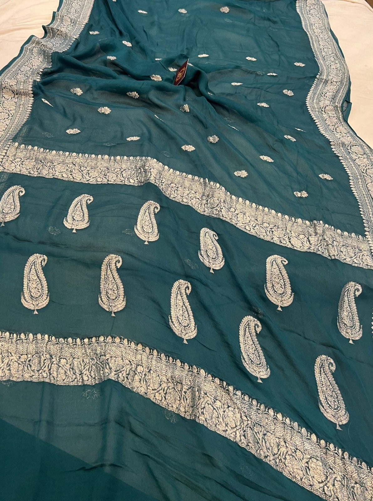 TEAL GREEN KHADDI CHIFFON BANARASI HANDLOOM SAREE