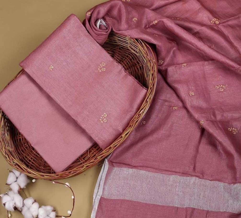 BHAGALPURI COTTON LINEN EMBROIDERY UNSTITCHED SUIT.