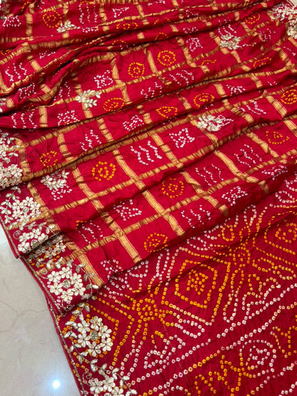 Pure Modal Gajji Silk Bandhej Hand work Gota Patti Work Saree.