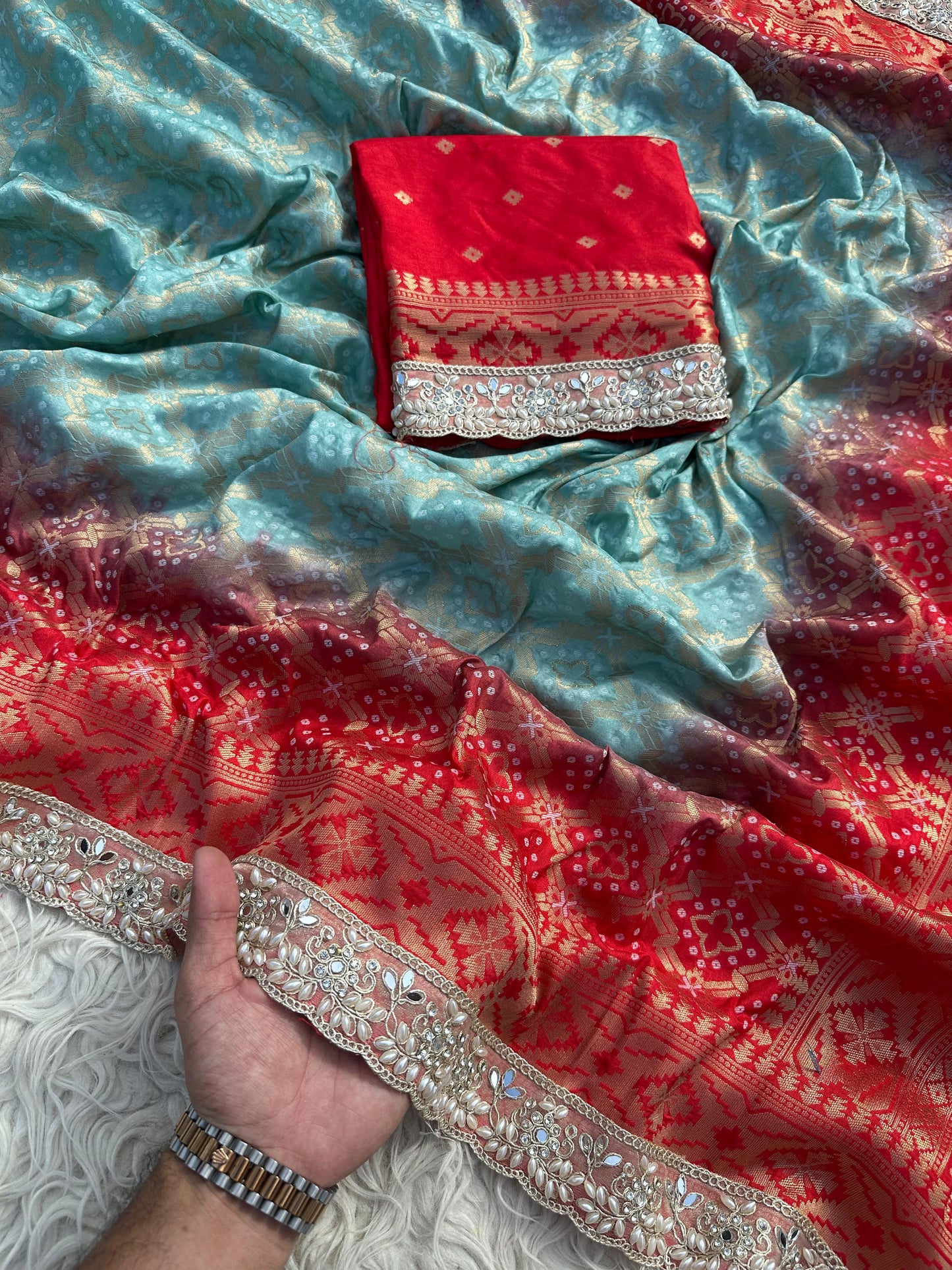 Banarasi Bandhej Silk Zari Work Saree With Blouse