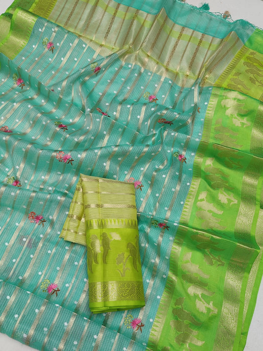 Beautiful Soft Silk Kota Doria Zari & Embroidery  Work Saree