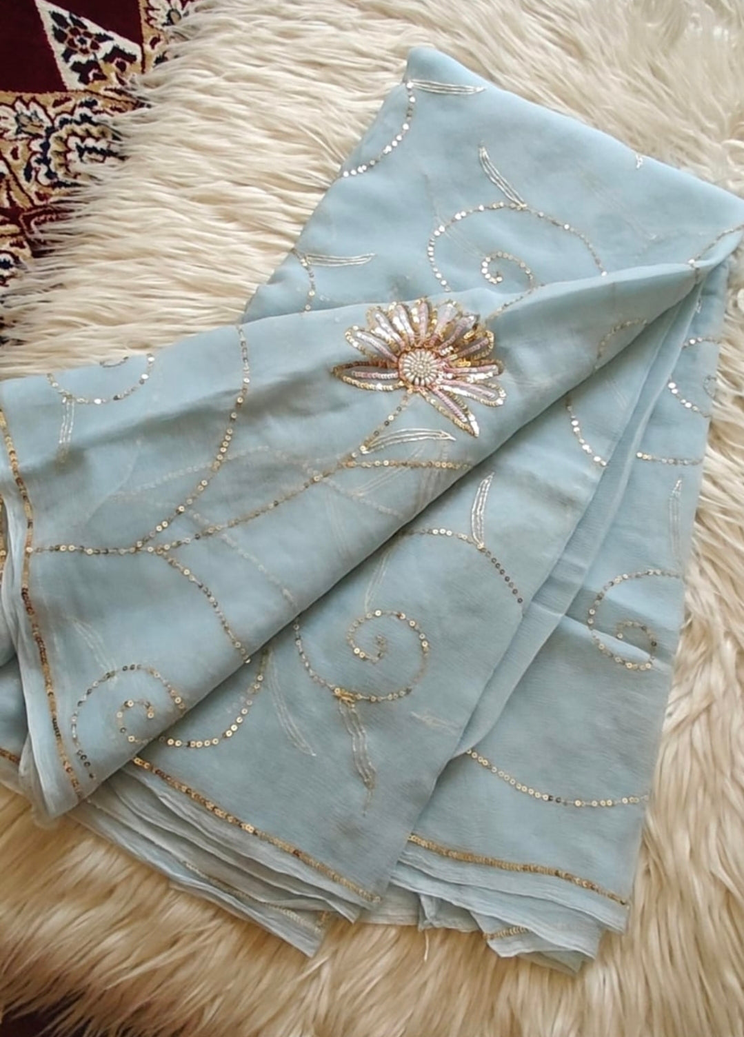 Pure Diamond Chiffon Hand Work Saree.