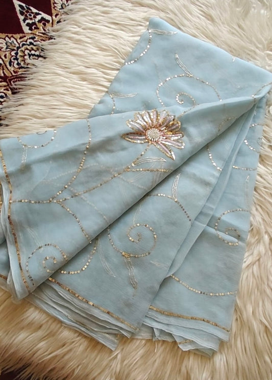 Pure Diamond Chiffon Hand Work Saree.