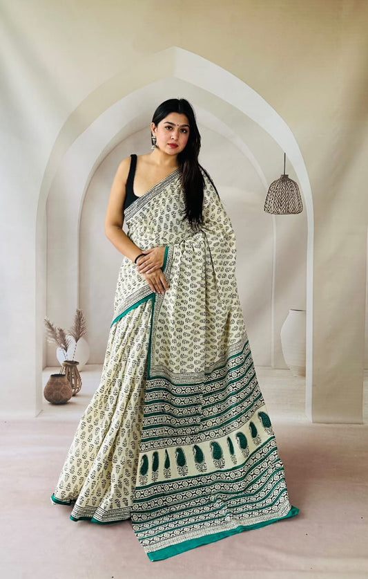 Pure Mulmul Cotton Hand Block Printed Saree With Running Blouse.