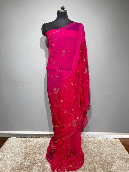 Beautiful Rose Pure Chiffon full kardana Jaal Work Saree