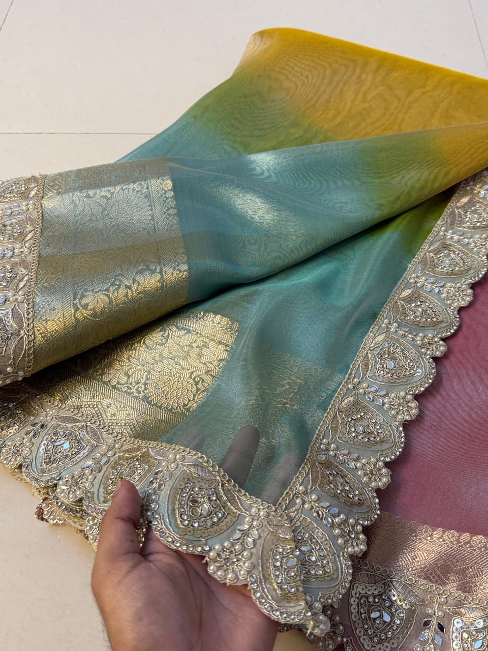 Multi Shade Glass Tissue Saree with Soft Mirror Lace Border