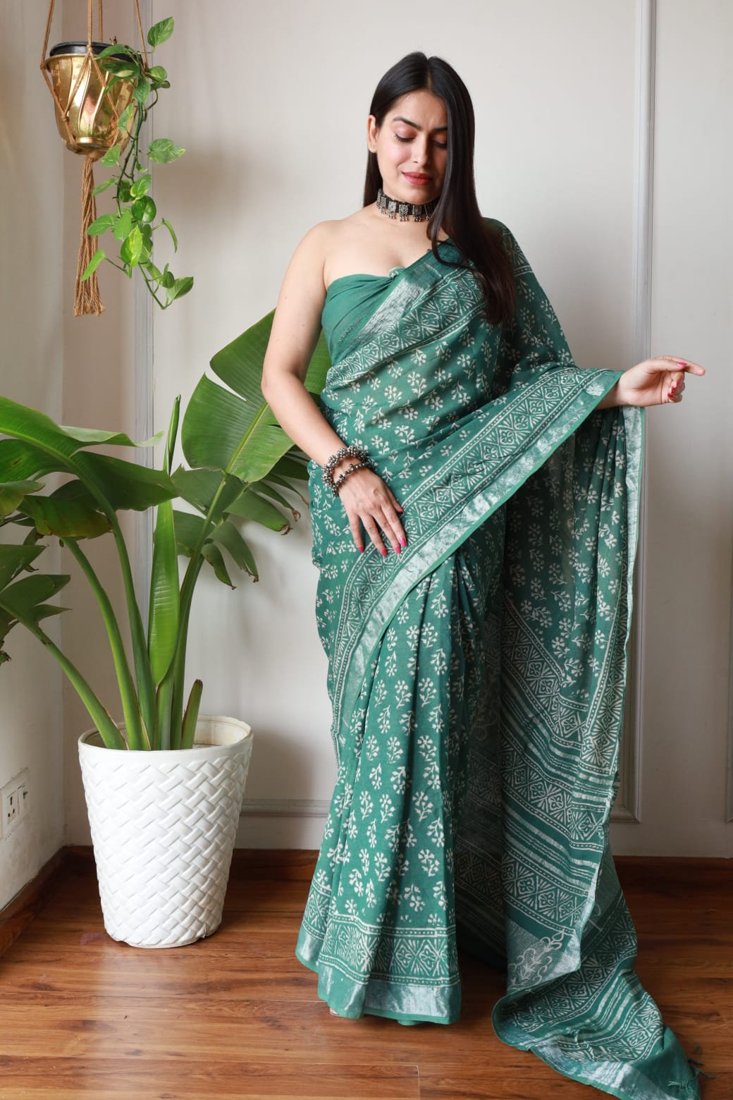 Pure Cotton Linen Hand Block Printed Saree with Blouse.