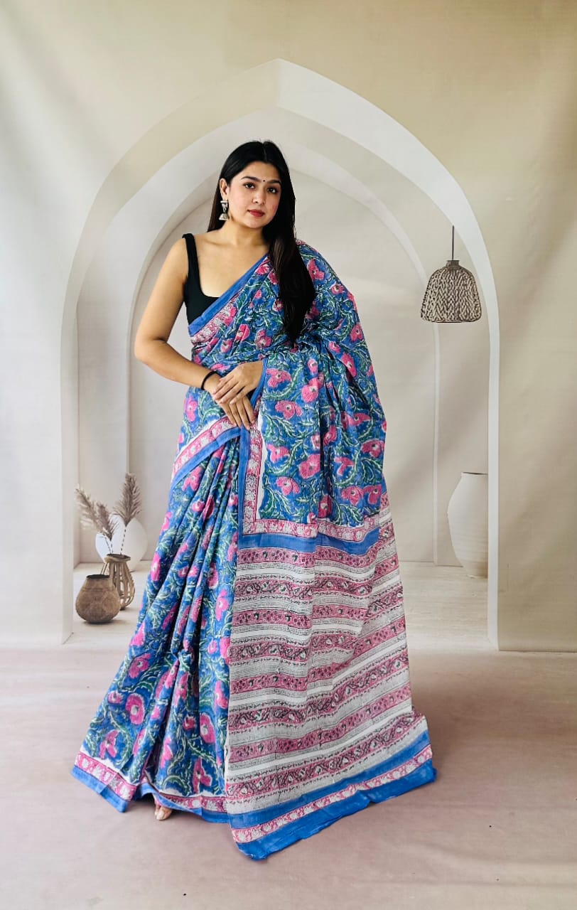 Pure Mulmul Cotton Hand Block Printed Saree With Running Blouse.