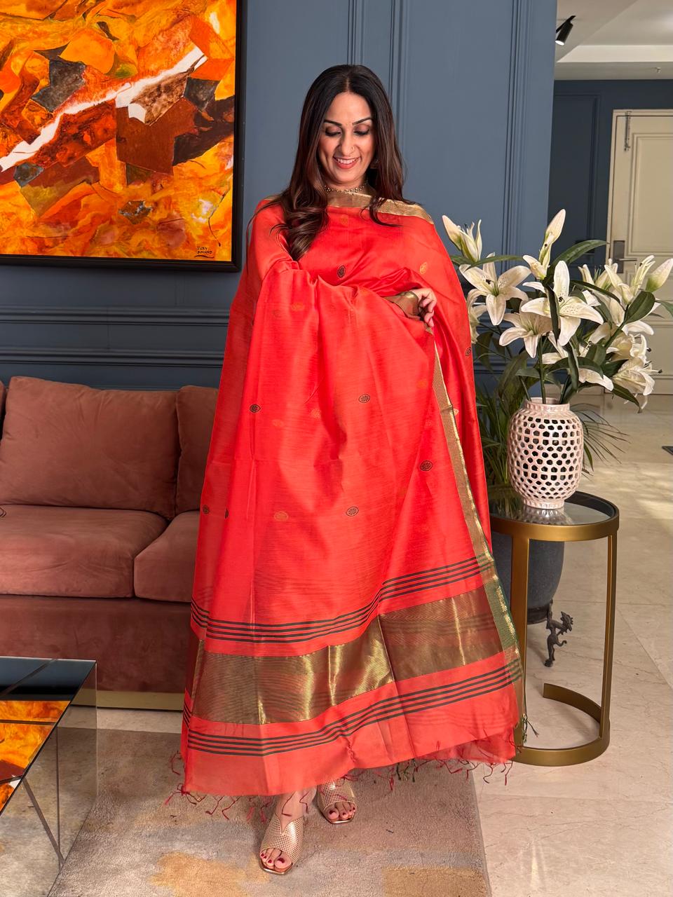 Pure Maheswari Silk Cotton Handwoven Unstitch Suit.